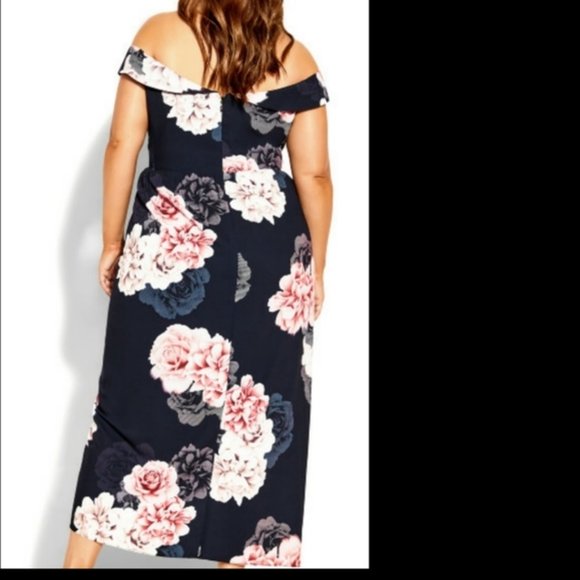18 Plus size City Chic Floral Tulip Hem Off the Shoulder Dress Black/Pink.  Size - Picture 6 of 8
